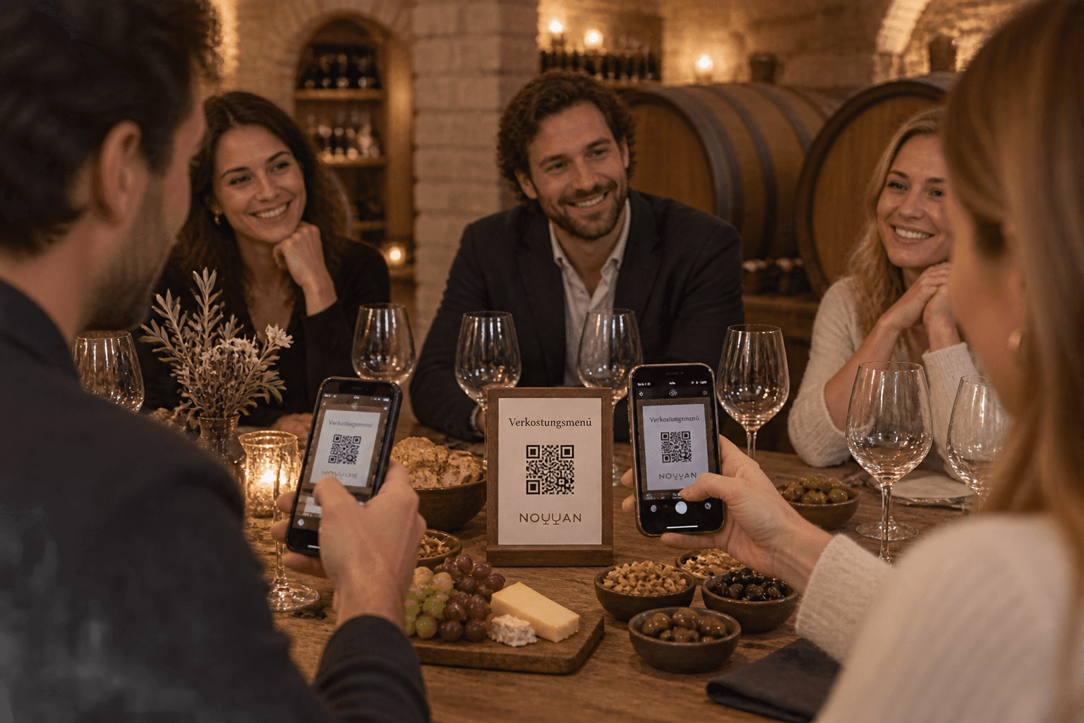 Zwei Gäste halten ihr Handy über den QR-Halter mit dem Verkostungsmenü auf einem gedeckten Tisch im Weinkeller.