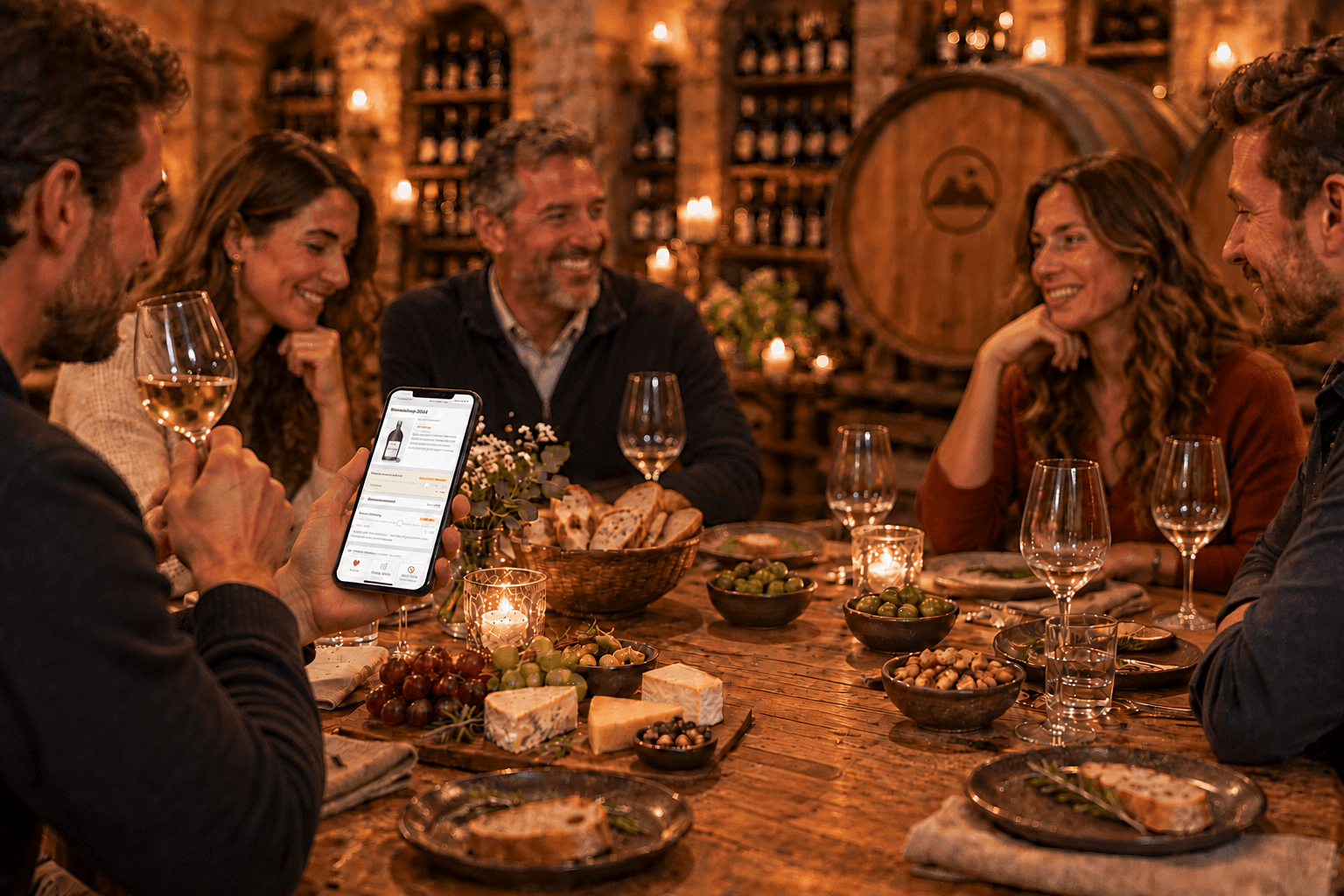 Ein Gast hält sein Handy mit der Weinansicht über den Tisch, die Runde ringsum ist im Gespräch.